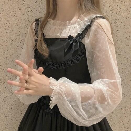 Lace Ruffle Blouse Under Shirt Vintage Full Sleeves Girls Lolita Tops Cold Shoulder Women Mesh Transparent Boat Neck One Size