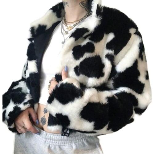 Girls Cow Pattern Faux Mink Fur Jacket Winter Turn Down Collar Bomber Coat Milk Leopard Furry Cardigan Streetwear Teddy Tops