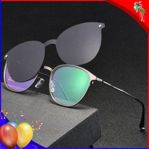 1+1 Magnetic Sunglasses Clip On Spectacle Snap On Glasses Polarized Eyeglasses Frame Round Alloy Driving Eyeglass Frame Men Wome