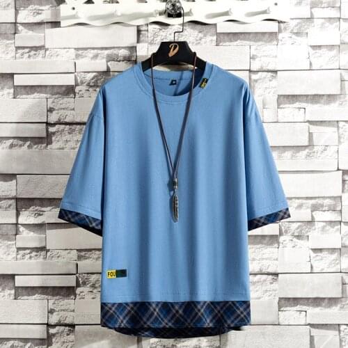 2021 Summer T Shirt Mens O-Neck Bottoming Shirt Loose Casual Oversized Short-Sleeved T-Shirt Fashion Lattice Stitching Tops