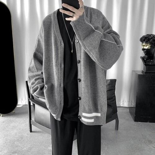 Mens Autumn V-neck Cardigan Sweater Mens Korean-Style Loose Couples Fashion Hipster Sweater Jacket