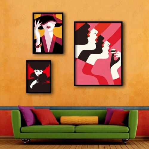 Wall Art Portraits Cool Lady with Golden Red Black Color Abstract Canvas Painting for Living Room Bedroom Corridor Decoration