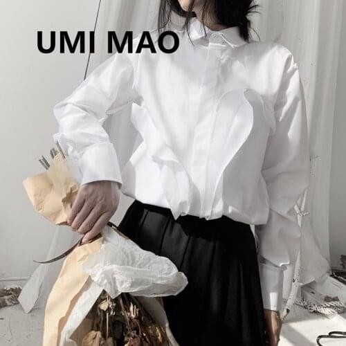UMI MAO Yamamoto Dark Black Yoji Niche Designer Self-made Front Overlapping Flower Piece Long-sleeved Shirt Blouses Y2k