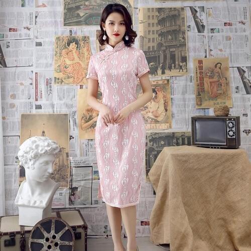 Sheng Coco Pink Chinese Dress Cheongsam Qipao Lace Traditional Chinese Chipao Elegant Dress Women Pink Lace Fashion Plus Size XL