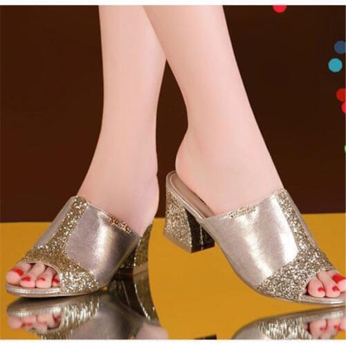 Bling Bling Lace Ladies Summer Slippers Mules with Heel 5cm Pumps Women Slippers Dames Gold Slipper Sandalia Ortopedica Feminina