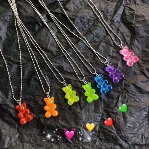 Cute Transparent Jelly Bear Pendant Necklace Girlfriend Couple Style Female Student Tide Seven Color Rainbow Pendant Necklace
