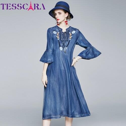 TESSCARA Women Autumn Vintage Embroidery Denim Dress Festa High Quality Elegant Party Robe Femme Designer Flare Sleeve Vestidos