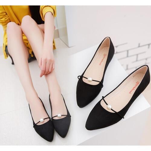 Dropshipping New Women Solid Color Suede Flats Heel Pearl Fashion High Quality Basic Pointed Toe Ballerina Ballet Slip on Shoes