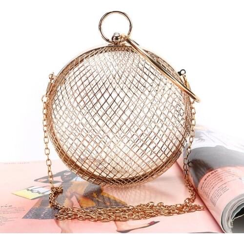 Fashion Design Metal Hollow Out Handbags Round Women Day Clutches Party Bag Gold Color Evening Bags Female Chain Shoulder Bag