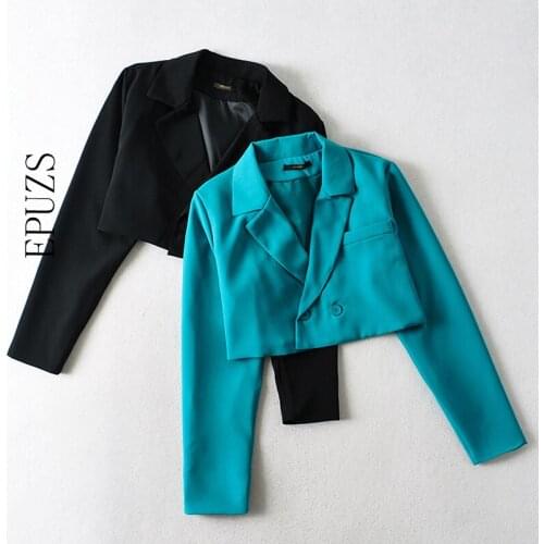 Vintage double breasted blazer women casual cropped blazer women slong sleeve blazer coat with pocket black blazer 2021