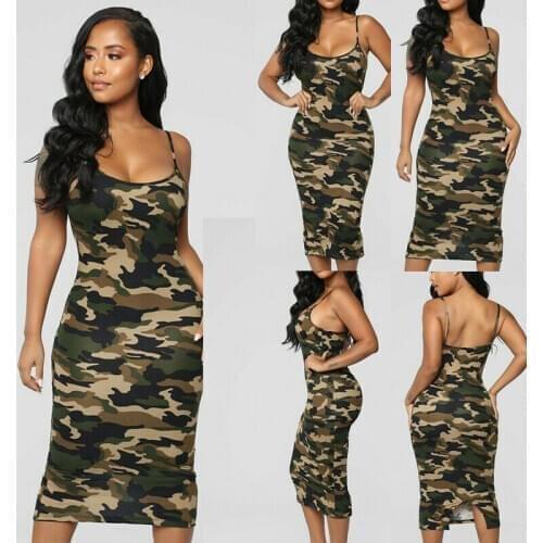 Womens Casual Bodycon Dress Sleeveless Camo Military Army Mini Dresses Sundress