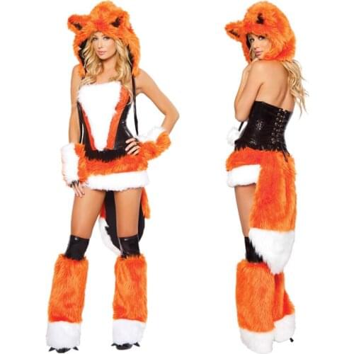 Adult Womens Sexy Orange Halloween Party Fox Costumes Outfit Fancy Animal Cosplay Dress With Big Tail