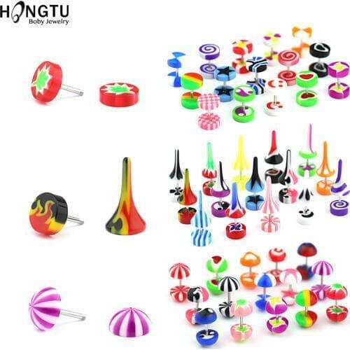 HONGTU 20pcs/lot Mixed Colors Fake Ear Plugs Flesh Tunnel Gauges Tapers Stretcher Acrylic Stud Earring Body Piercing Jewelry 16g