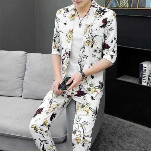 2pcs Summer Flower Set Business Formal Tuxedo Terno Masculino Costume Homme 2020 Men Suit Casual Slim Fit Groom Wedding Suits