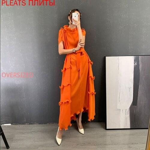 Miyake Pleated Dress Autumn New Style Plus Size Fertilizer to Increase Fungus Lace Belt Show Thin PLEATS Elegant Vestido Shein