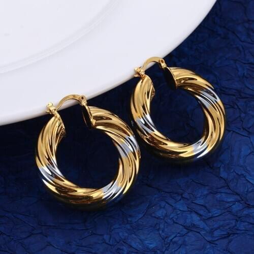 Fashion Two Tone Twisted Hoop Simple Earring Thick Size Women Earrings Jewelry