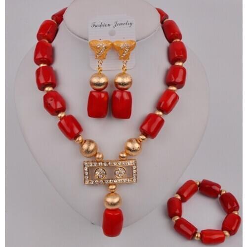 Fashion Nigerian Red Coral Jewelry African Wedding Necklace Red Coral Beads Jewelry Set 12-B-04