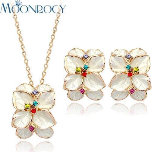 MOONROCY Zirconia Jewelry wholesale Free Shipping Rose Gold Color And Austrian White flower earring and necklace Jewelry set
