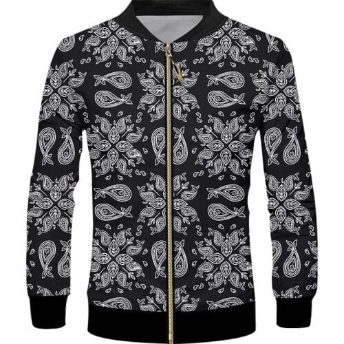 Mens Jacket EU Size Zipper Jacket Black Paisley Bandana Patterns Print 3d Mens Womens Long Sleeves Coats Overdress Drop Ship