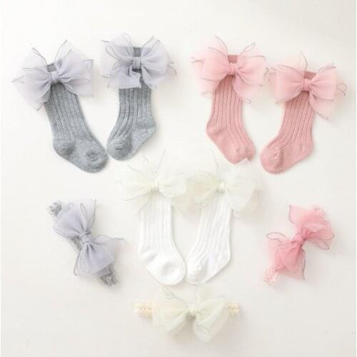 Baby Girls Socks Set Infant Baby Bobbysox Bow Knot Baby Hair Belt Sock Set Babys 100th Birthday Party Headband Gifts Box