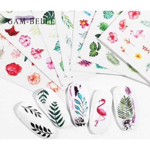 GAM-BELLE 1 Sheet Summer Nail Art Sticker Green Flower Leaf Tree Water Transfer Simple Nail Decals Decoration Manicure Tool