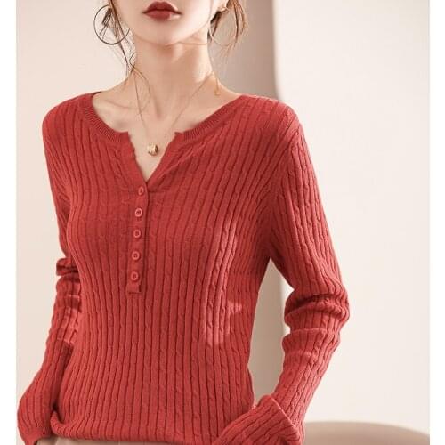 Spring and autumn new style cotton long-sleeved knit sweater Slim all-match round neck short womens pullover