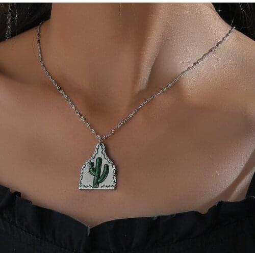 Wholesale New European and American Personality Retro Geometric Pattern Cactus Pendant Necklace Fashion Jewelry Wholesale