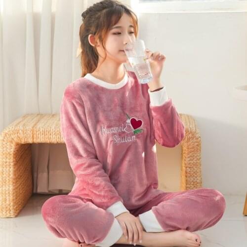 2021 Autumn Winter Warm Flannel Women Pyjamas Sets Thick Coral Velvet Long Sleeve Cartoon Sleepwear Flannel Pajamas Set Girl