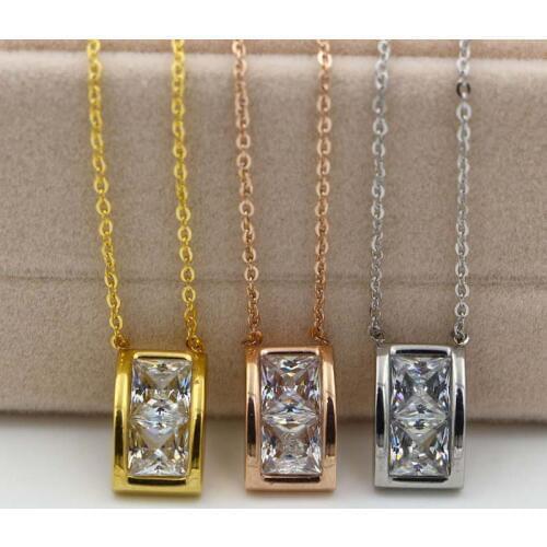 Hot Sale Rhinestone CZ Rectangular Gold Color / Rose Gold Color / Silver Color Stainless Steel Necklace Free Shipping