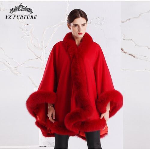 2020 new Real Woollen Coat Long Style Cape Nature Fur Wrpe With Warm Cuff Fox Furs Collar Women Winter Elegant Coat