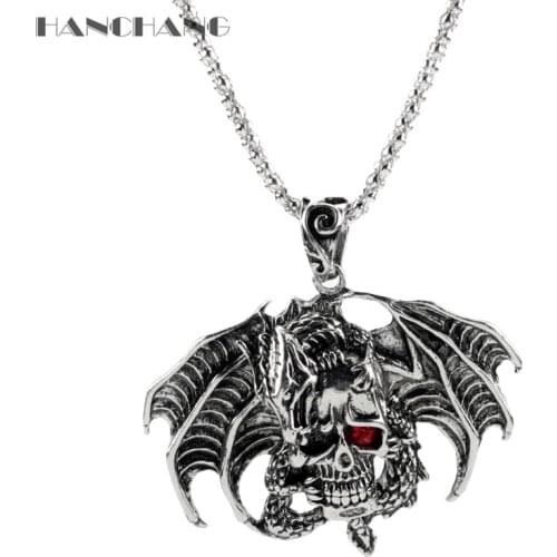 Punk Personality Flying Dragon Red Crystal Eye Skull Large Pendant Necklace Mens Party Club Jewelry Gift