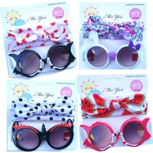 2Pcs/Set Baby Headband Pussy Cat Sunglasses Summer Kids Head Bands Hairband For Girls Bows Printed Turban Baby Hair Accessories