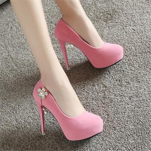 Women pumps Flock Slip On 12.5CM Thin Heels High heels Round Toe Rhinestones Flowers waterproof Shallow woman pumps size 35-42