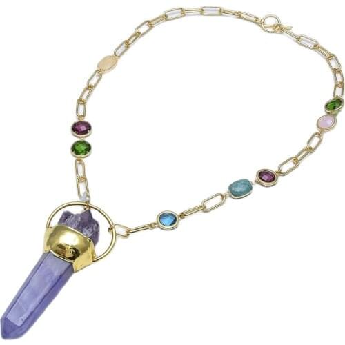GuaiGuai Jewelry Aquamarine Citrine Amazonite Crystal Chain Necklace Amethyst point Raw Pendant