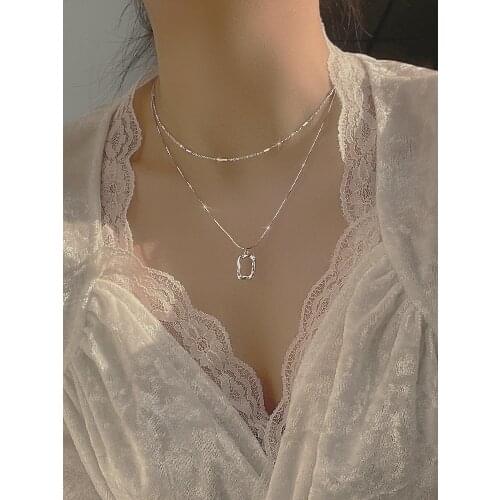 925 silver jewelry with new light luxury double layer pure clavicle chain personality square pendant accessory for women gifts