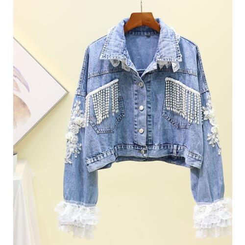 New Spring Autumn Beading Tasse denim Jacket Women Sweet Spliced Hollow Out Lace jean Jackets Loose Sequins Short Coat Mw788