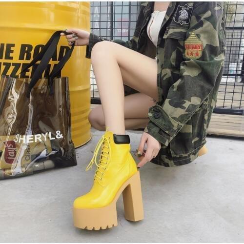 New Neon Yellow Ankle Boots For Woman Lace-up Platform Botas Mujer 2020 Pointed Toe High Heels Sexy Autumn Winter Boots Ladies