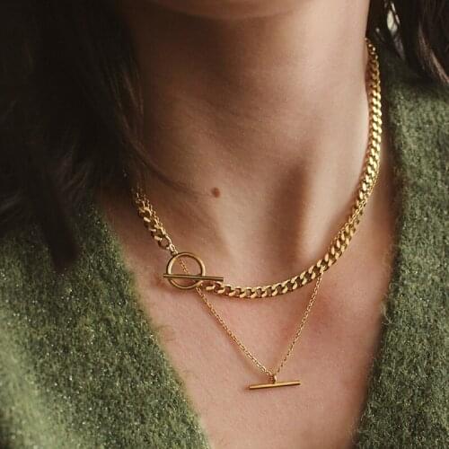 Chic T Closure Cuban Chain Choker Necklaces for Women,Gold Tone Stainless Steel Snake Herringbone Chain Collar Female Jewelry