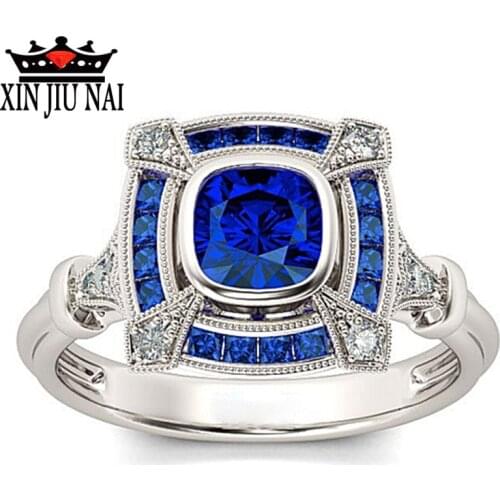 Hollow ring 925 silver Blue Crystal Cz Engagement wedding band ring For women Bridal finger Indian Jewelry sapphire ring