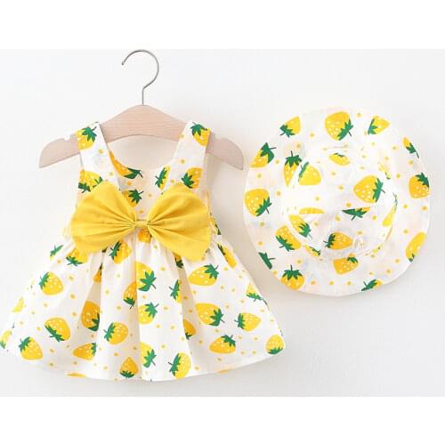 2PCS Baby Summer Clothes girl dress Set Cute Bow Fruit Sleeveless Cotton Infant Princess Dress Little Girl Beach Dresses+Sunhat