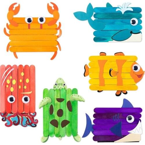 6Pcs DIY Sea Animal Cartoon Art Craft Kits Handmade Wooden Sticks Materials Supplies Whale Sea Turtle Fish Pattern for Child