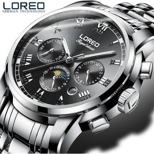 LOREO Automatic Mechanical Mens Watches Top Brand Luxury Sports Watch Moon Phase Stainless Steel Waterproof Relogio Masculino