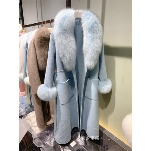 Double-sided Coat 2021 Cashmere Wool Blends Real Fur Jacket Natural Genuine Fox Fur Collar Outerwear Fashion