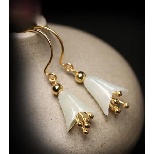 Natural Hetian jade lily orchid earrings bells retro designer craftsmanship elegant fresh charm womens silver jewelry