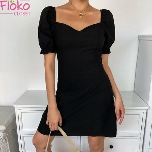 Flokocloset Chic Bubble Sleeve High Waist Short Sleeve Dress Square Collar Summer Mini Dress Women Black Blue Sundress