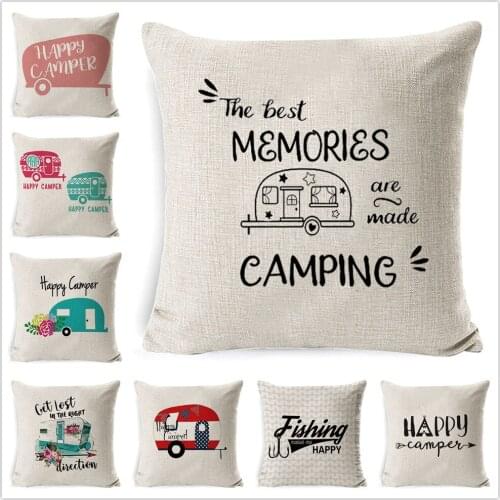 Fokusent Cushion Cover Best Memories Linen Decorative Pillows Happy Camper Pillow Cases Pillowcase Gift Bedroom Sofa Home Decor