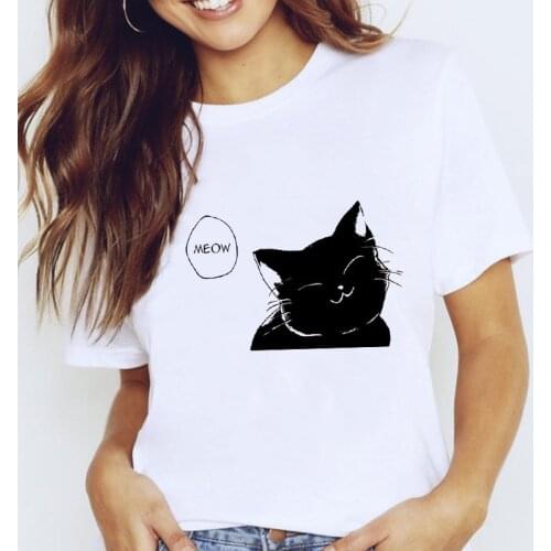 Women Graphic Animal Cat Printing Short Sleeve Style Cartoon Casual Lady Clothes Tops Clothing Tees Print Female Tshirt T-Shirt