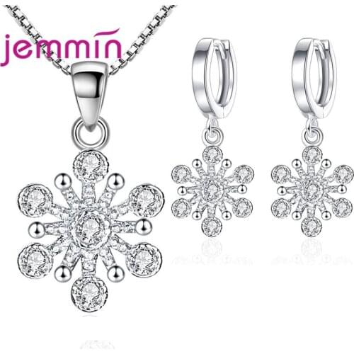 Boutique Lady Snowflake Crystal Cubic Zirconia Pendant Necklace Earrings Jewelry Sets 925 Sterling Silver Simple Chain Ear Rings