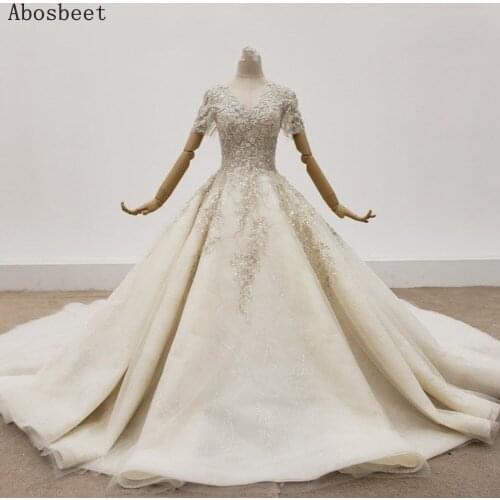 2121 Sequins Lace Ball Gown Wedding Dress V Neck Short Sleeve 200CM Cathedral Train Elegant Wedding Gown Bridal Lace Up Back