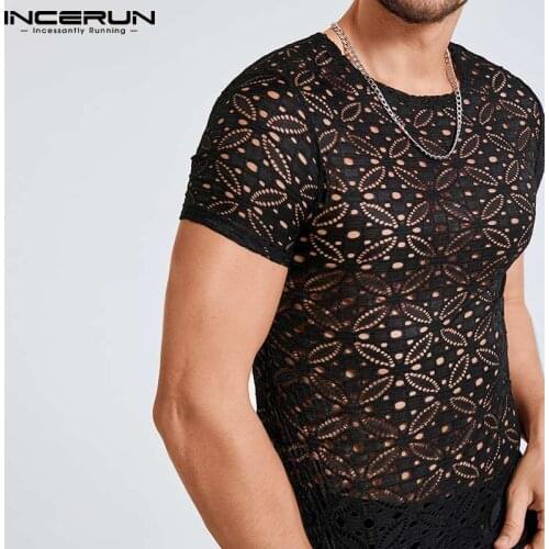 INCERUN Fashion Men T Shirt Mesh See Through O Neck Short Sleeve Tee Tops 2021 Streetwear Party Nightclub Sexy Camisetas S-5XL